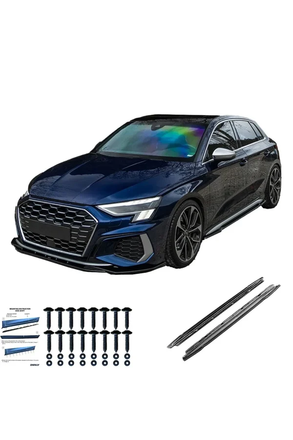 Audi A3 S-Line S3 Yan Marşpiyel Seti Piano Black (2020-2025+) Birebir Uyumlu ABS Plastik Sportif Yan Etek Eki